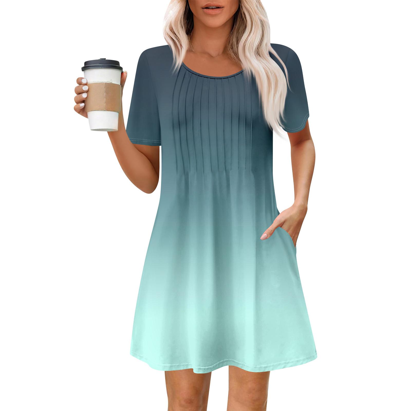 

Жіноча літня сукня Вільне пляжне повсякденне плаття-сарафан із круглим вирізом і короткими рукавами з кишенею, сукня-сорочка з короткими рукавами XXXL