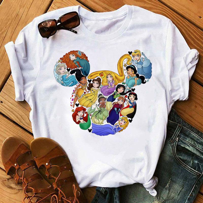 Disney Cartoon Princess Printed Women T-shirt Kawaii Graphic Printed T Shirt Summer Casual Short Sleeve Female Tops Tshirt Tees