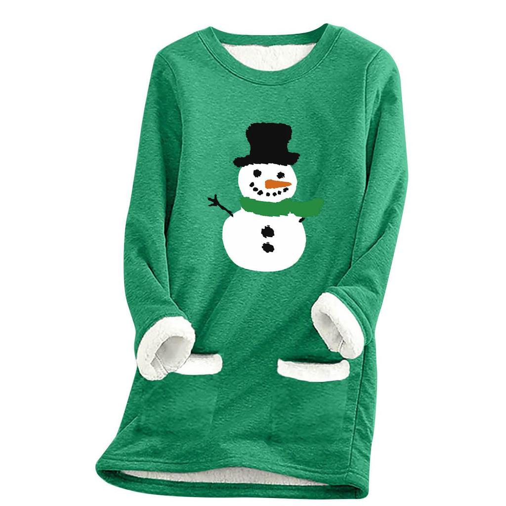 Ladies' Loose And Comfortable Round Neck Christmas Print Thick With Pockets Long Sleeved Top