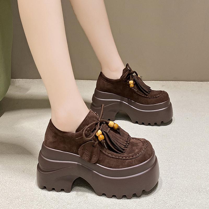 Fashion Women's Thick Bottom Kangaroo Shoes with Laces Full Wrap Birkenstyle Fall New Vintage Matte Leather Single Shoes Casual Loafers