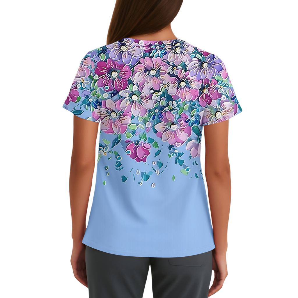 Dames Leuke Stippenprint Werkkleding V-hals Dubbele Laag Zakken Basic Top met Korte Mouwen Pullover