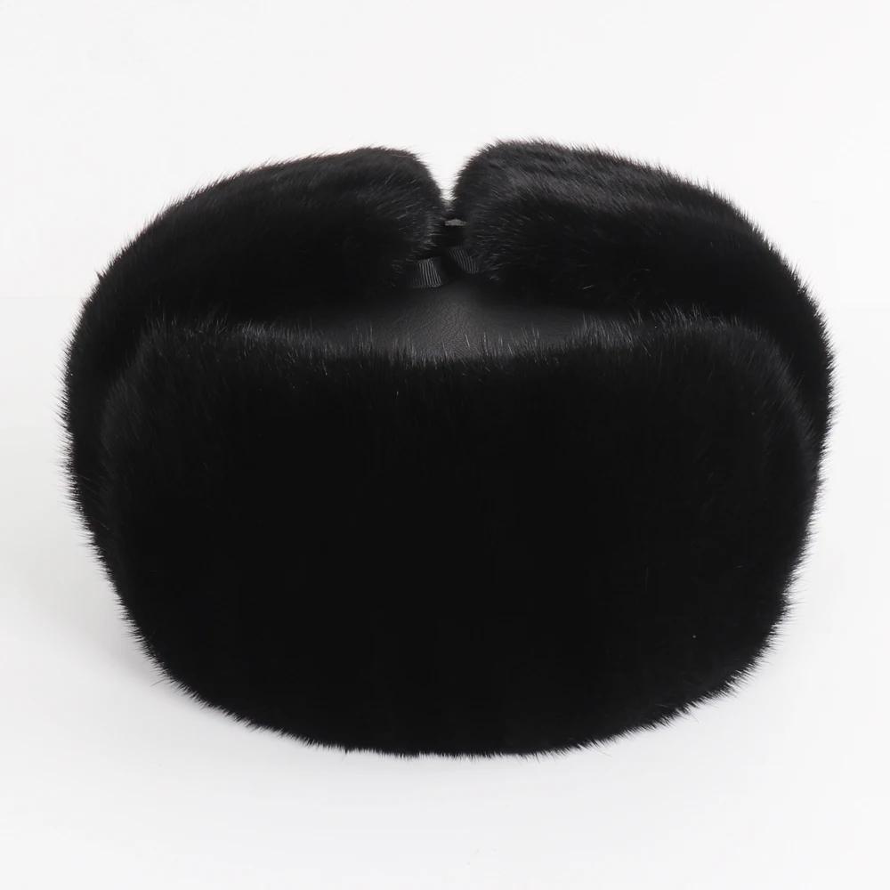 New Winter Men Outdoor Real Mink Fur Bomber Hats Male Super Warm 100% Natural Mink Fur Hat Luxury Man Real Sheepskin Leather Cap