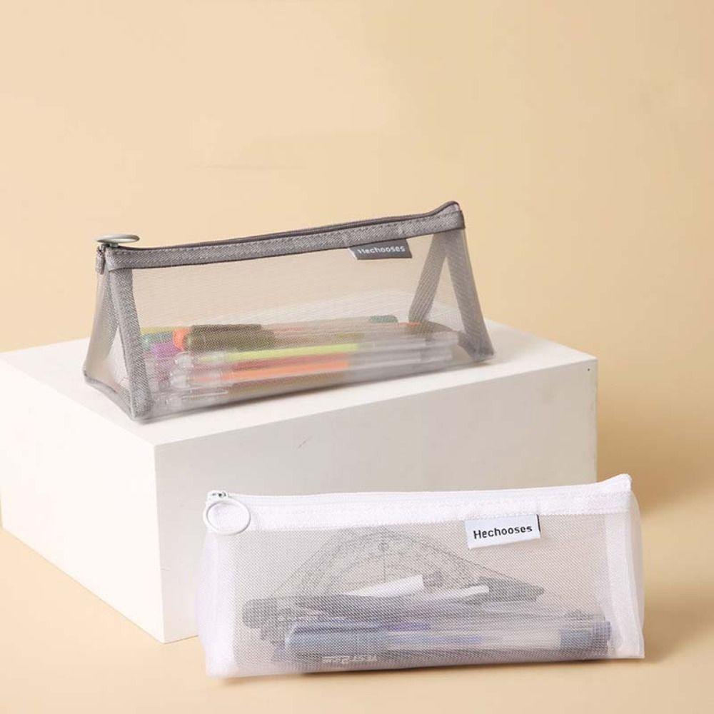 Triangle Mesh Pencil Case Retro Color Zipper Stationery Bag Portable Transparent Bills Bag Lady