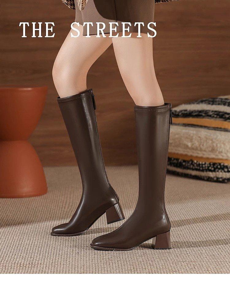 

Модные и удобные квадратные сапоги с мягкой поверхностью, женские тонкие универсальные черные рыцарские сапоги с застежкой-молнией сзади 35 коричневый