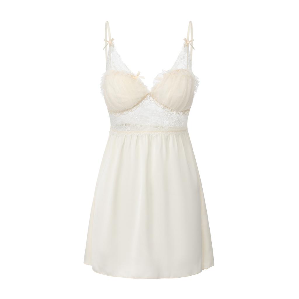 Women's Satin Lace Mesh Ruched Push Up Padded Cami Sleep Dress with Robe
