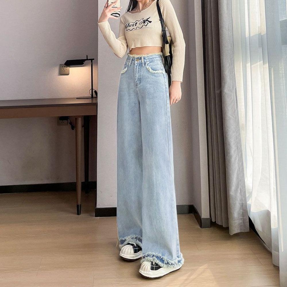 Damen High Waist Weite Beine Jeans Roh Fransen Saum Locker Lässig Lange Jeanshose Für Tägliche Streetwear