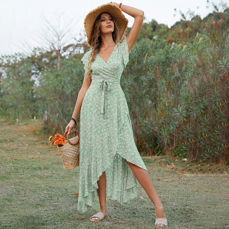 Women's Bohemian Floral Print V-Neck Tie Waist Maxi Dress Rayon Beach Vacation Flowy A-Line