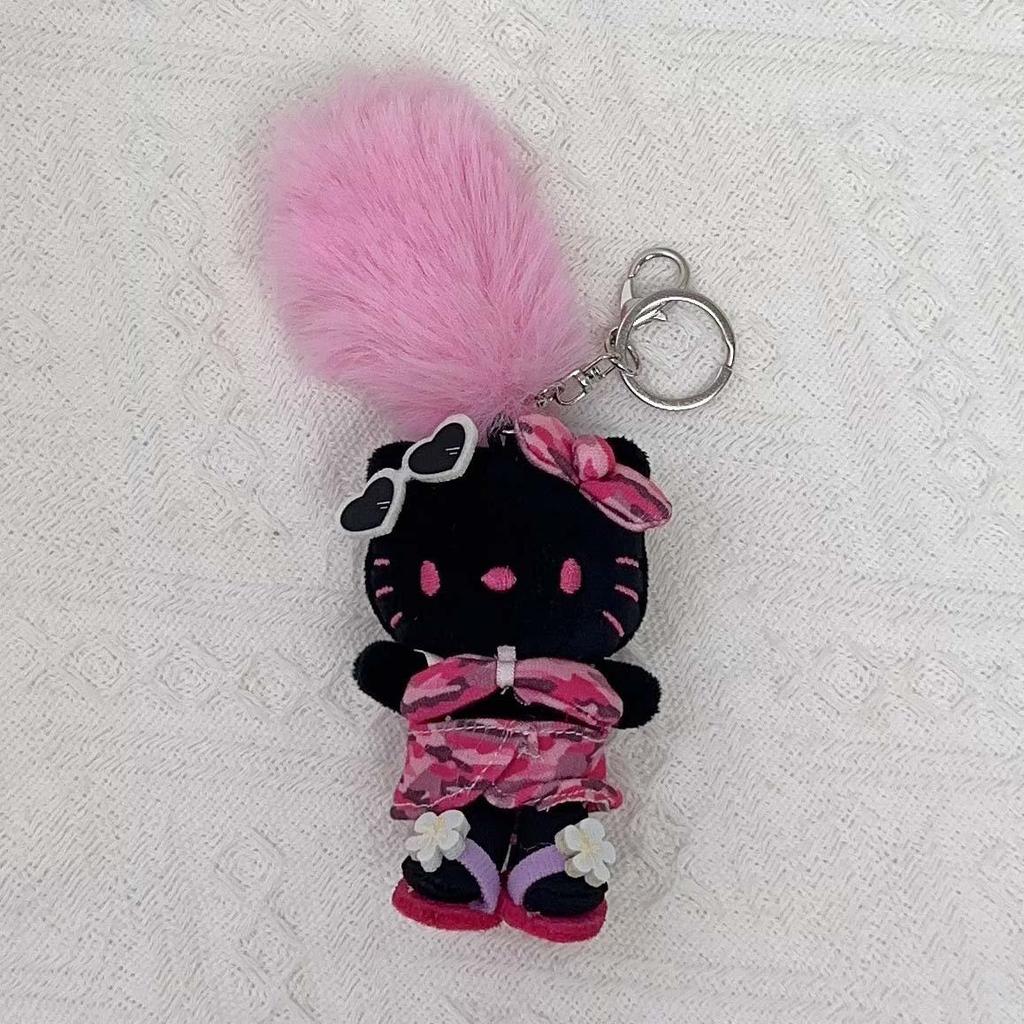 Hawaii Black Leather Pink Leopard Bikini Cat Plush Toy Ornament with Heart Pendant Gift