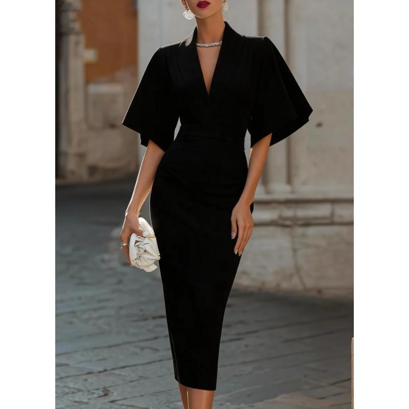 2026 Womens V-Neck Flared Sleeve Fitted Midi Dress Elegant Office Party Wear