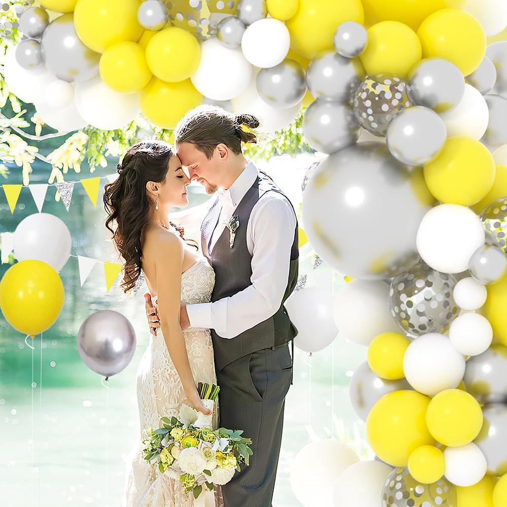 Yellow White Theme Balloons Arch Kit Metal Silver Confetti Balloon Garland Birthday Party Wedding Baby Shower Home Party Decor