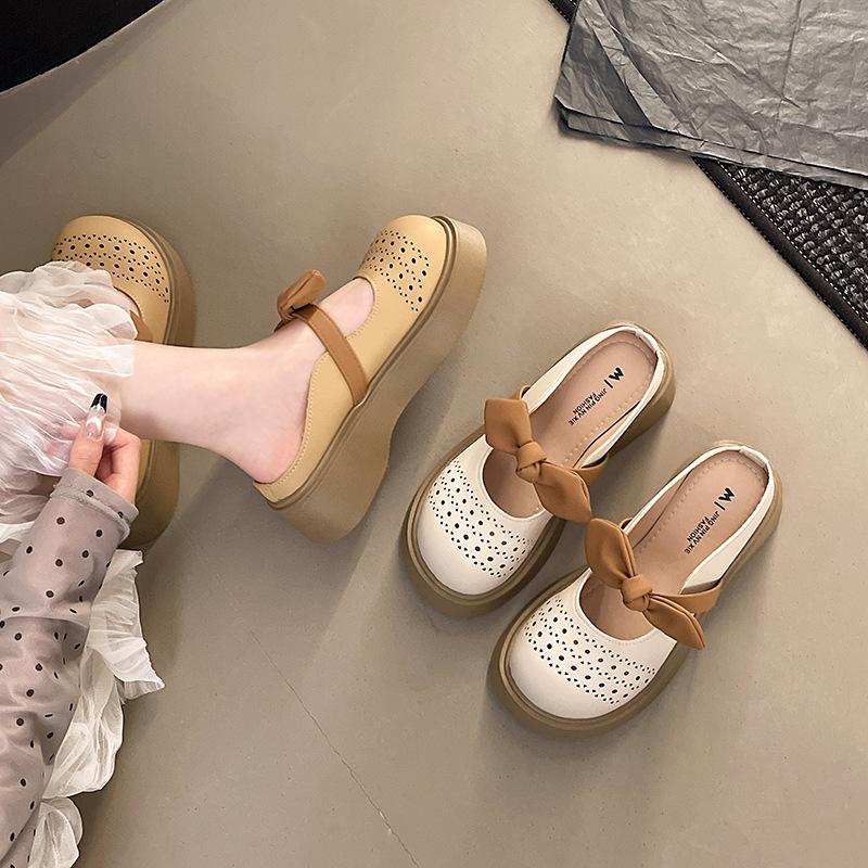2025 new square head thick heel color matching bow Mary Jane shoes women's fashion versatile French temperament slippers