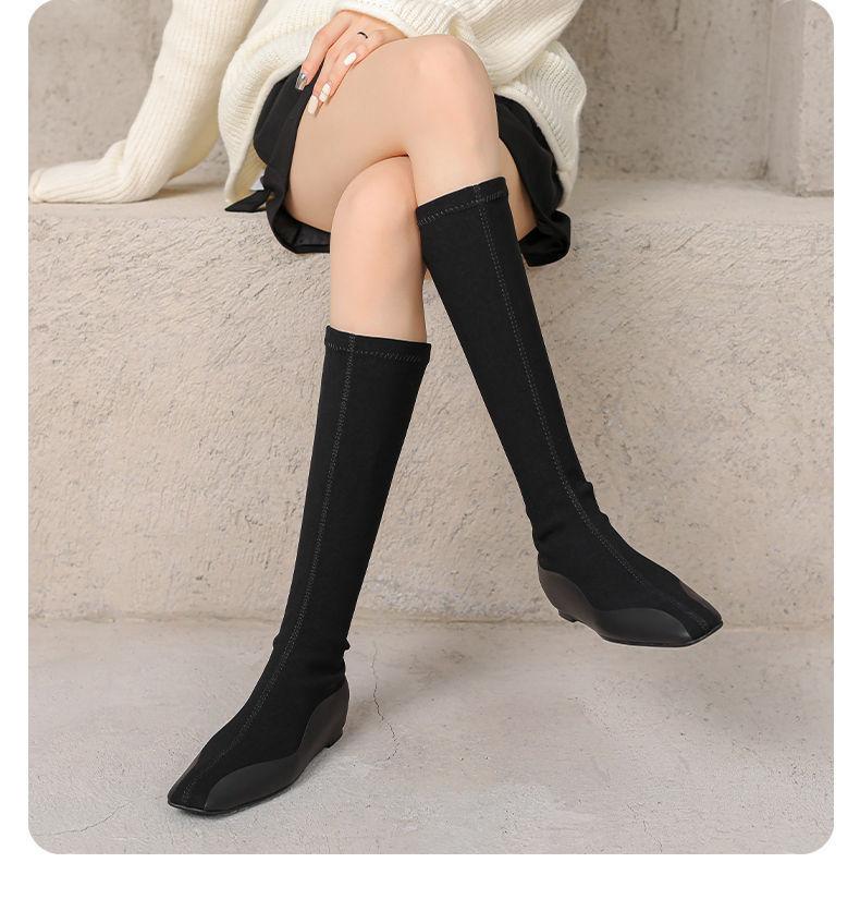 Square head high boots women's 2025 new autumn and winter knight boots flat bottom boots elastic boots socks boots stacking boots