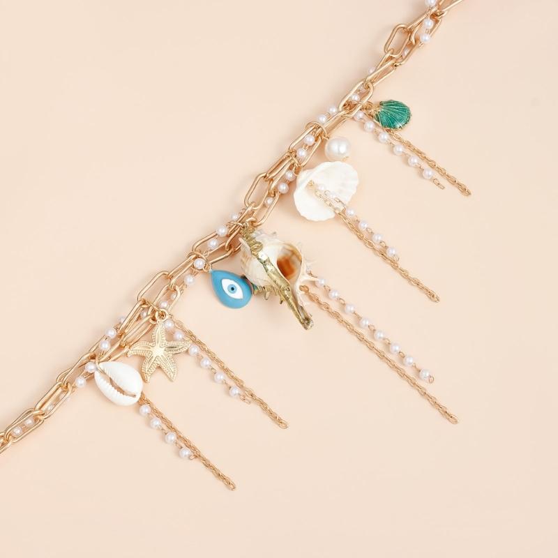 Trendy Ocean Inspired Tassels Shell Pendant Necklace Lightweight Alloy Layering Chain Casual Beach Neck Jewelry