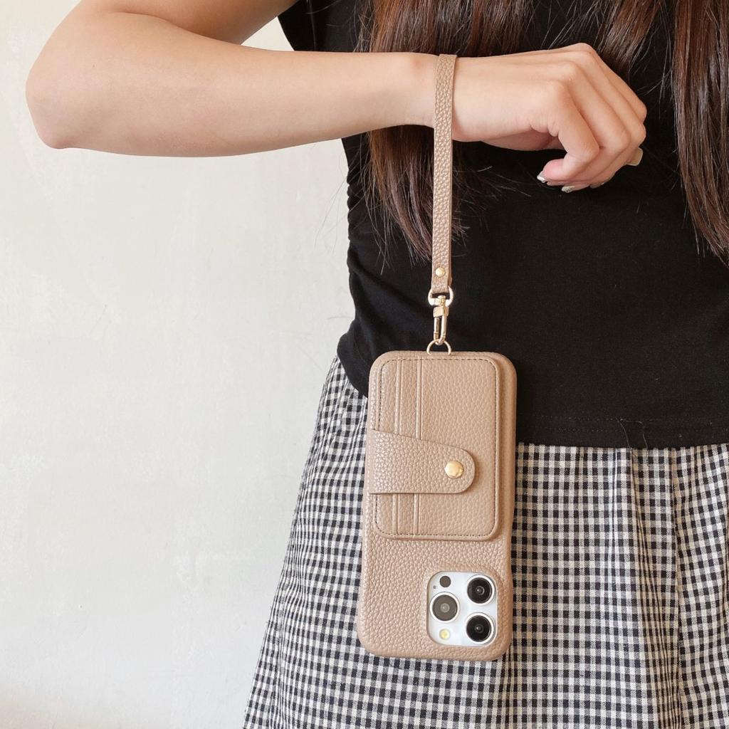 Litchi Pattern PU Leathe Light Brown Phone Case for iPhone 11 12 13 14 15 16e Pro Max with Stylish Lanyard Multi Card Holder