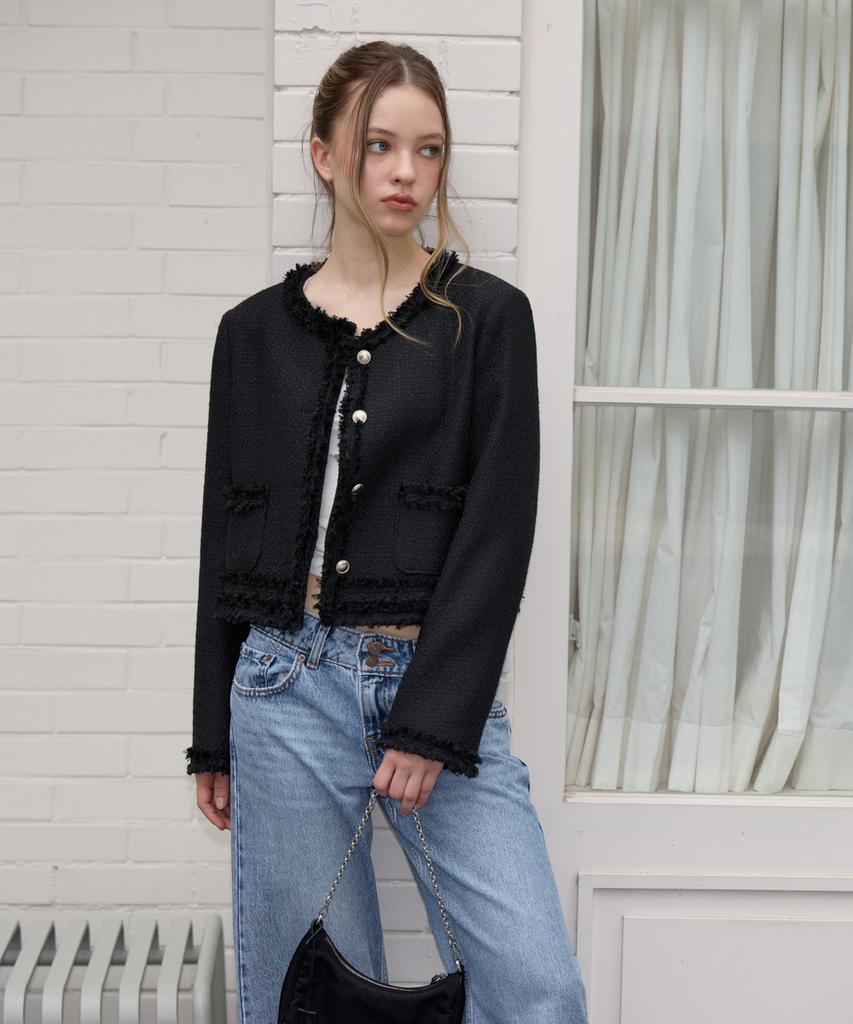 ROSEFRANTZ Soft Fringe Tweed Jacket [Black]