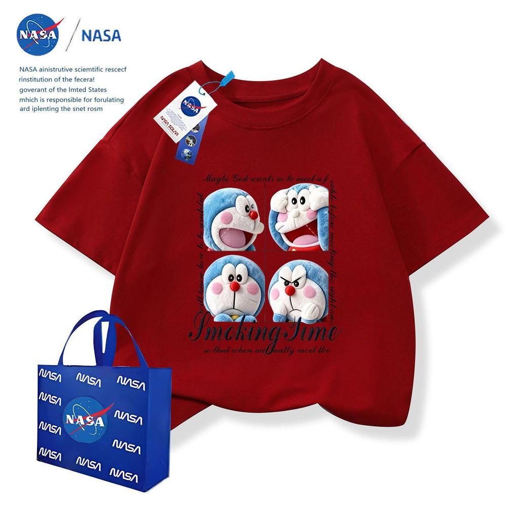 NASA x Doraemon Kinder-Baumwoll-T-Shirt mit Rundhalsausschnitt und Stickerei, Kurzarm