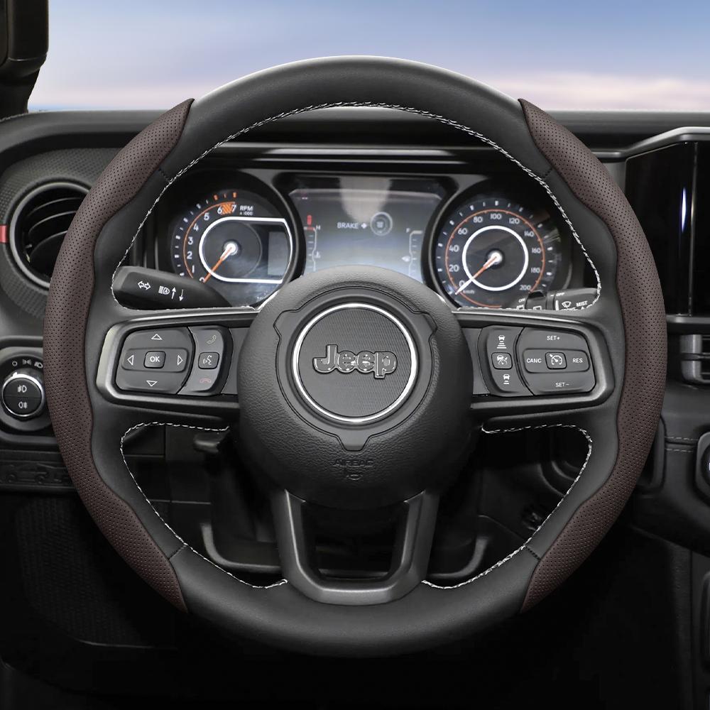 Suitable for Jeep Breathable Hole Leather Steering Wheel Cover Segmented Quick Release Design Non-Slip Durable Compass Renegade Wrangler Grand C AMU1