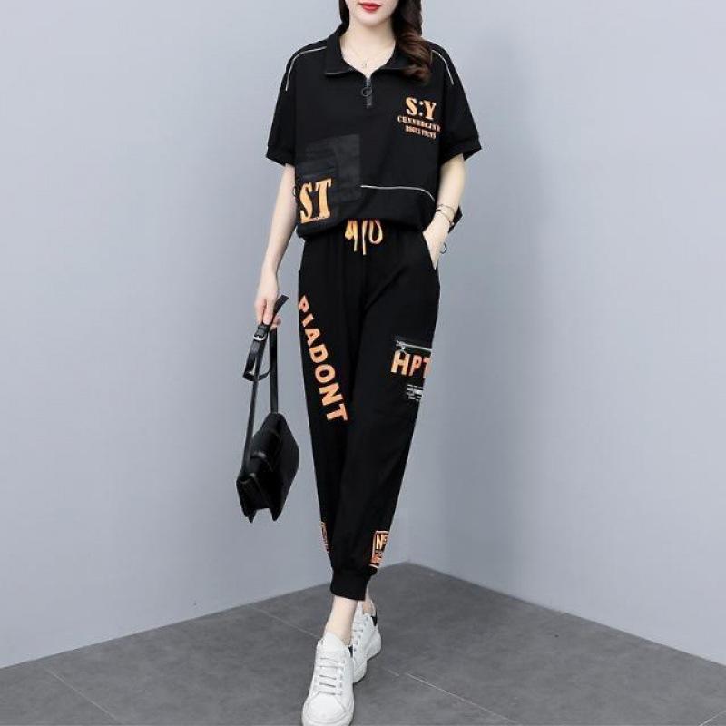 

Женские летние спортивные и повседневные костюмы, свободные и приталенные, больших размеров, с коротким рукавом, комплект из двух предметов M чёрный