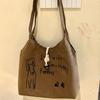 Vintage Drawstring Shoulder Bag Little Dog Handbag Fashion Puppy Paw Print Tote Bag  Casual Wear