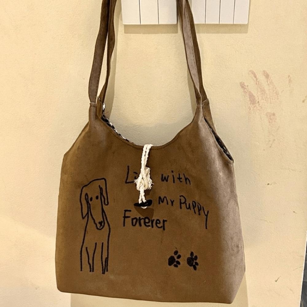 Vintage Drawstring Shoulder Bag Little Dog Handbag Fashion Puppy Paw Print Tote Bag Casual Wear