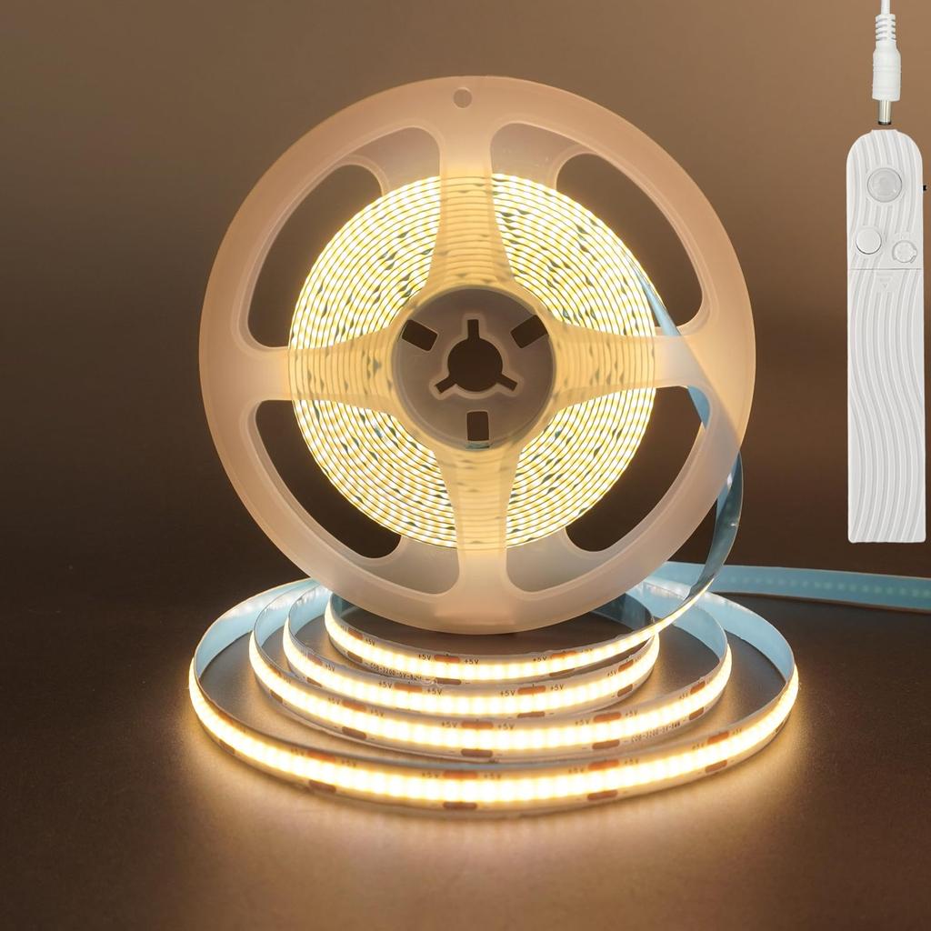 Clearhill 5V Motion Sensor COB LED Strip Light, Adjustable Time Delay, 2 Power Supply Types (Power Supply Sold Separately), 3M X 1, Warm White 3000K,