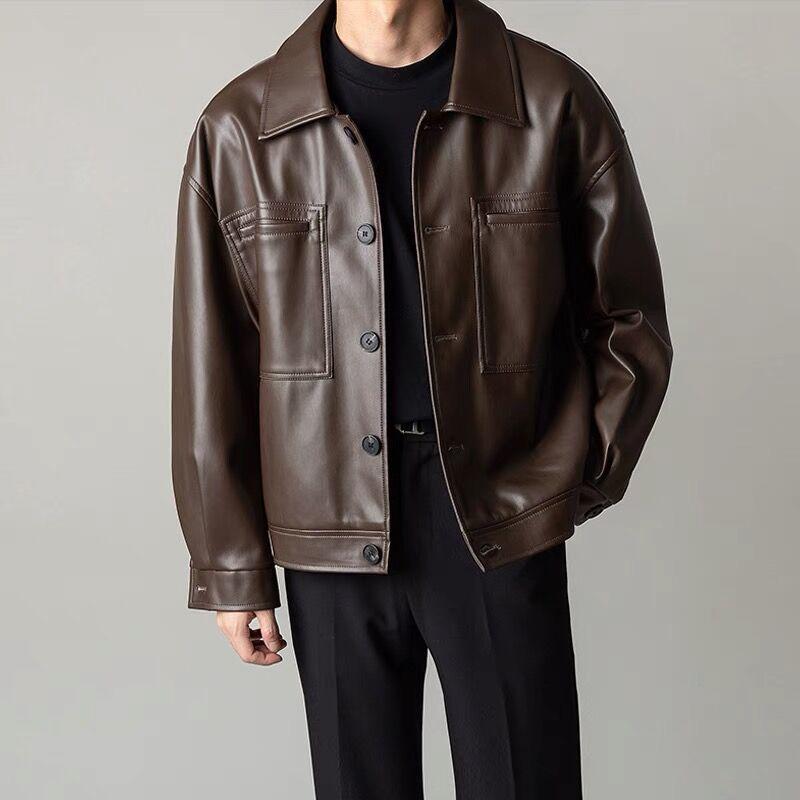 Men's Retro PU Leather Motorcycle Jacket - Korean Style Lapel, Casual Loose Fit for Spring and Autumn