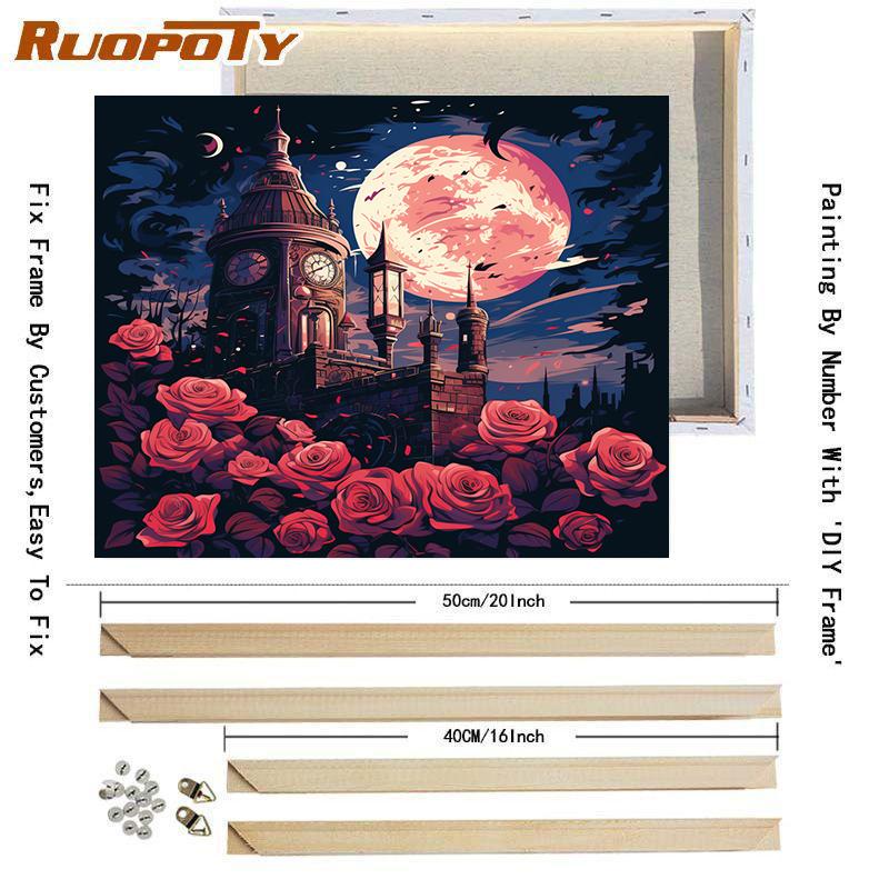 RUOPOTY Kit de pictură cu numere Diy Cadru Poză de noapte luminată de lună Colorat după numere pentru adulți Artizanat Decor acasă