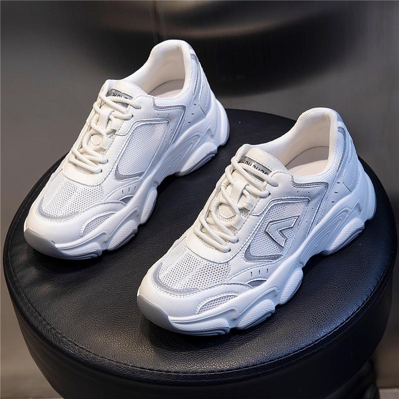 Sneakers women's spring summer 2025 new casual women's shoes through the net running single shoes women's thick soles increase height leather dad