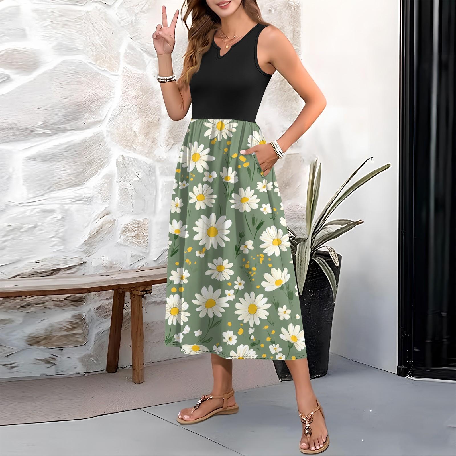 

Женское платье без рукавов с цветочным принтом и высокой талией, модное и элегантное L армия зеленый