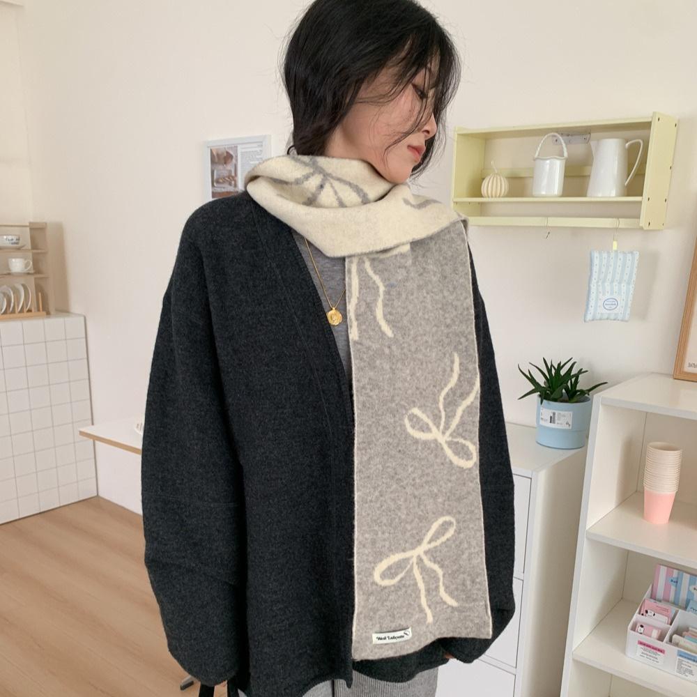 Blended knitted bow wool couple high-end small scarf women's Korean thickened warm versatile scarf
