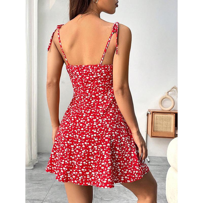 Women Summer Banage Strap Floral Dress One Piece Dress