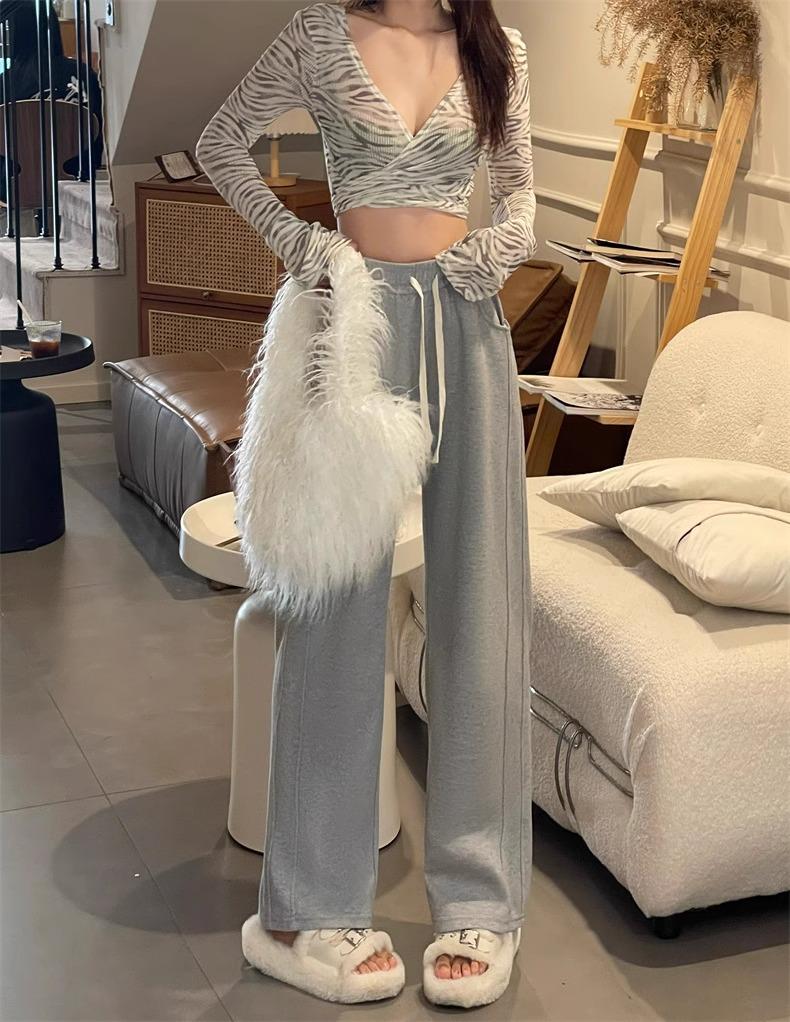 Women's High Waist Wide Leg Gray Sweatpants - Spring/Autumn