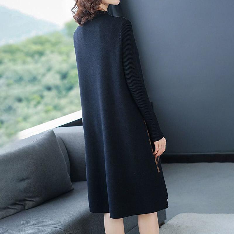 Kleid für Frau Baumwolle Winter Warm Rundhals Langarm Vintage Lässig Bedruckt Lang Stretch Strickpulloverkleider