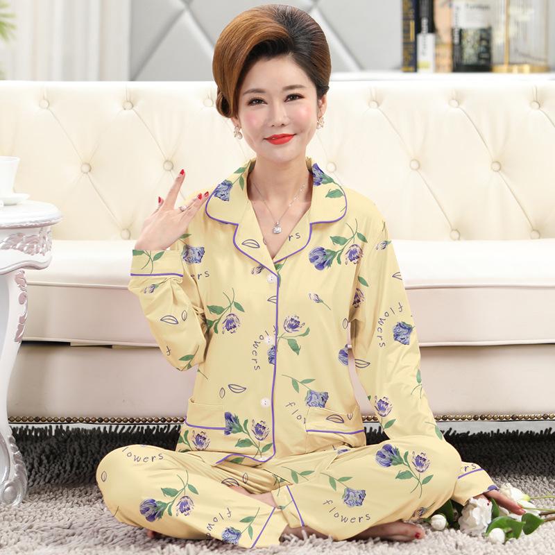 Frühlings- und Herbstpyjama Damen Imitationsbaumwolle langärmelig dünn hochwertig reiche Blume Mutter Loungewear-Set