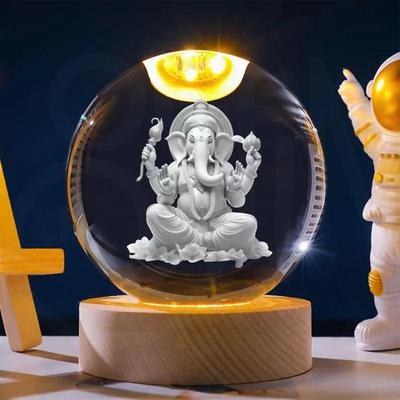 Ganesha Crystal Ball Lamp, Night Stand Lamp, Side Table Lamps, 3D Crystal Ball Ganesha Figurines with Wood Light Base, for Home Decor