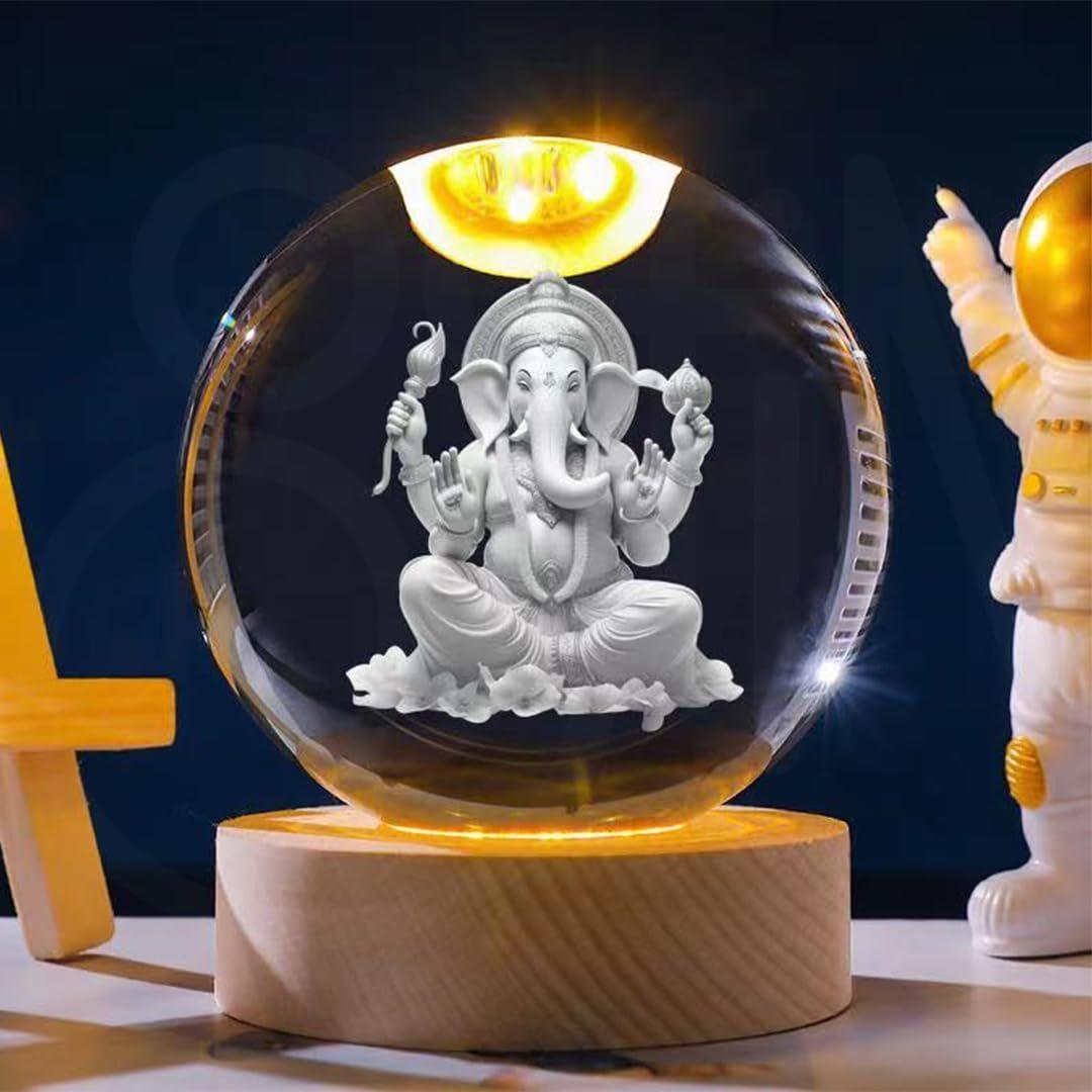 

Ganesha Crystal Ball Lamp, Night Stand Lamp, Side Table Lamps, 3D Crystal Ball Ganesha Figurines with Wood Light Base, for Home Decor