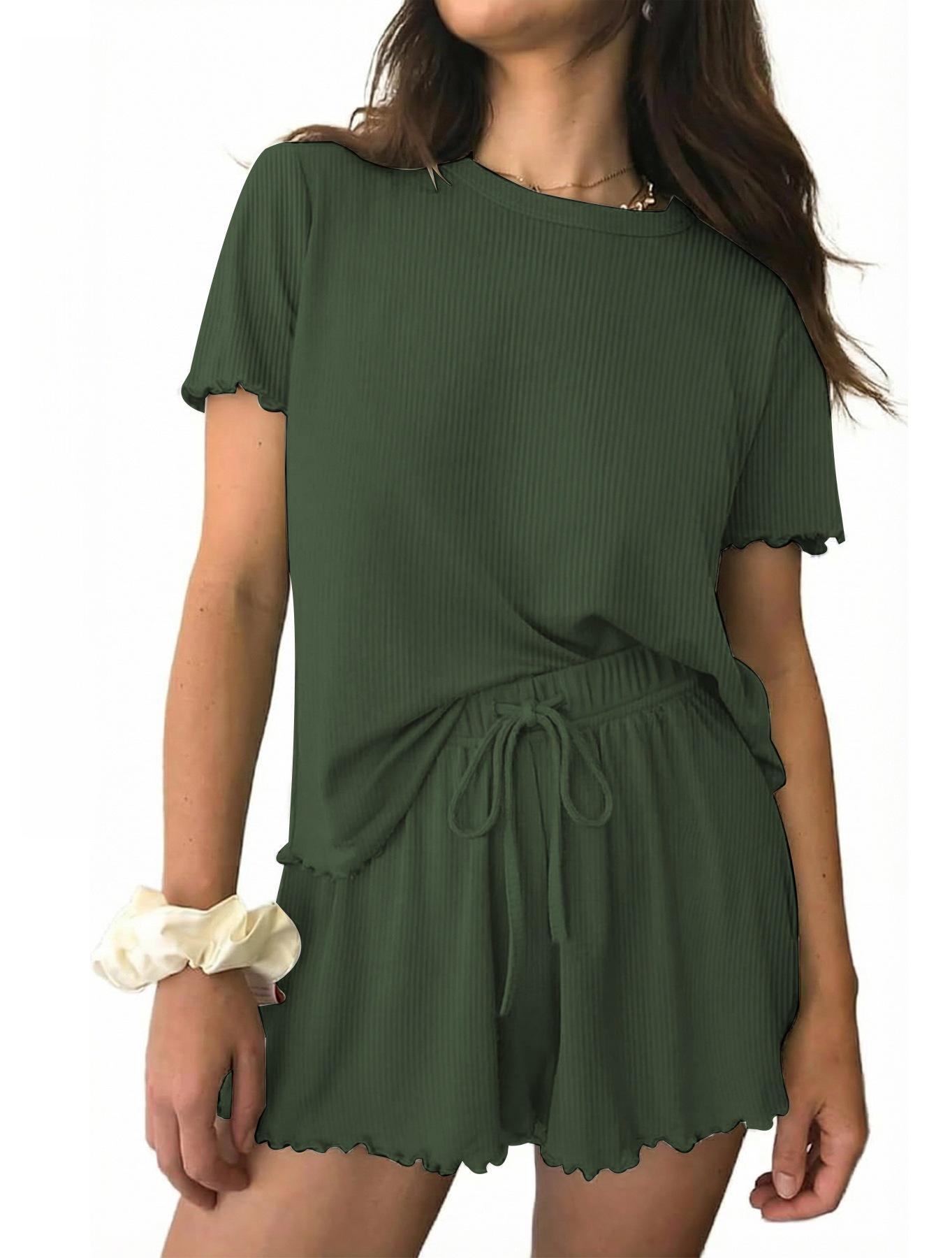 

Women s Ribbed Knit Pajama Set: Short Sleeve Top & Drawstring Shorts - Summer 2026 Collection Extra Large