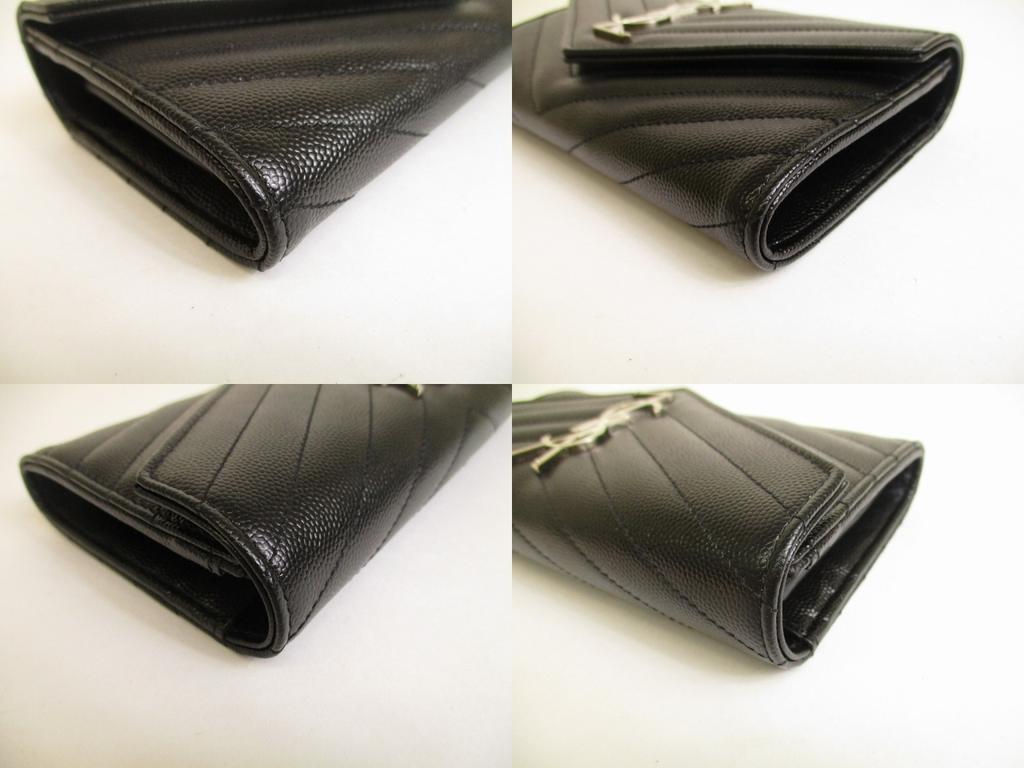 Authentic Saint Laurent YSL Silver YSL Motif Black Leather Long Flap Wallet #a875  Refurbished