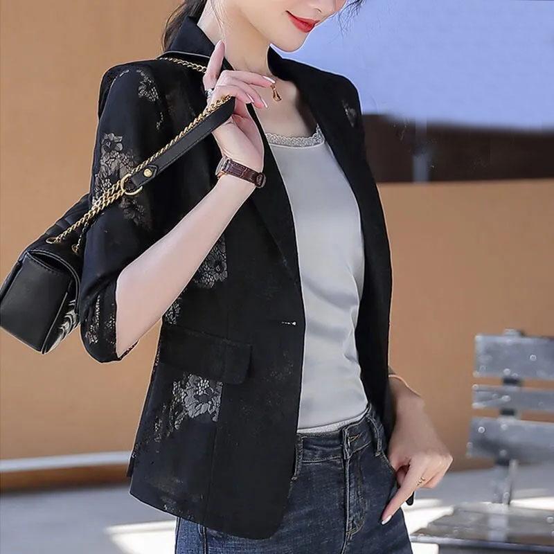 Terno de renda estampado emagrecimento versão coreana primavera e verão moda feminina estilo fino terno casaco protetor solar feminino