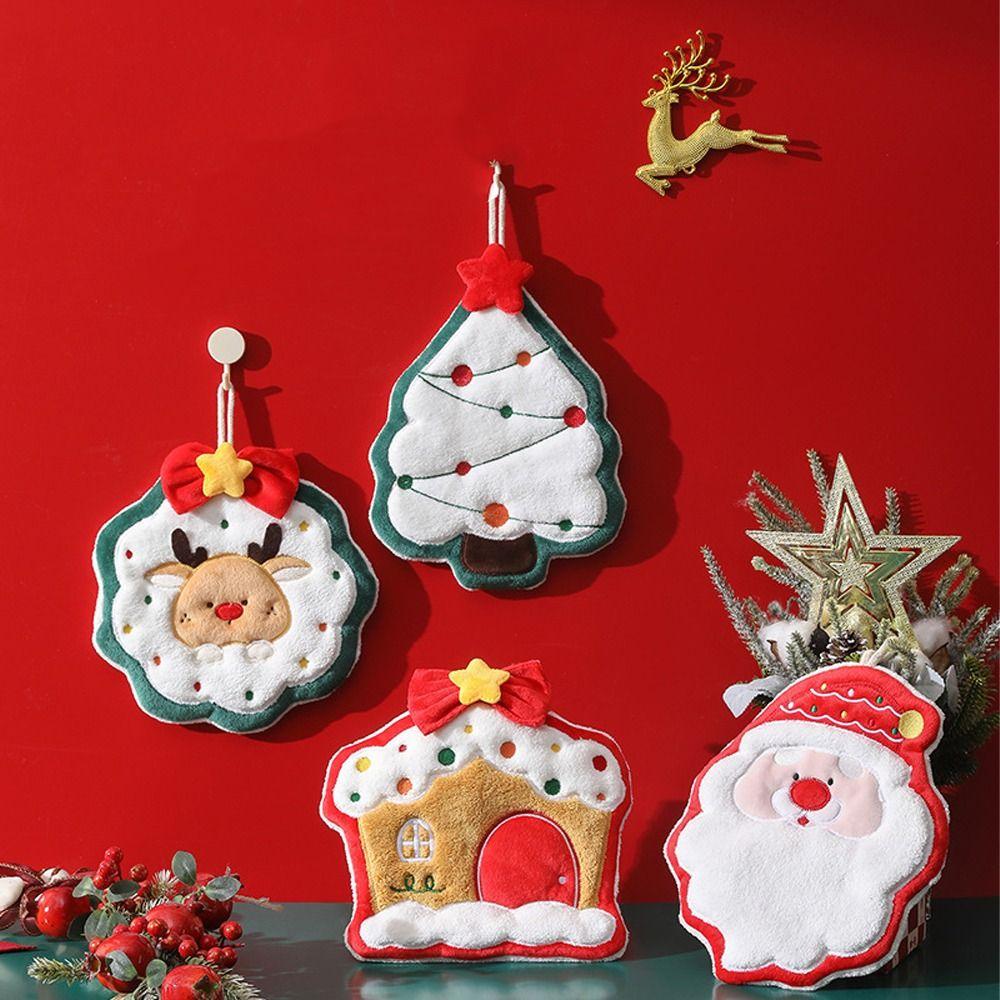 Thickened Christmas Hanging Hand Towels Cartoon Plush Hand Towel  Home Bathroom Kitchen Decor