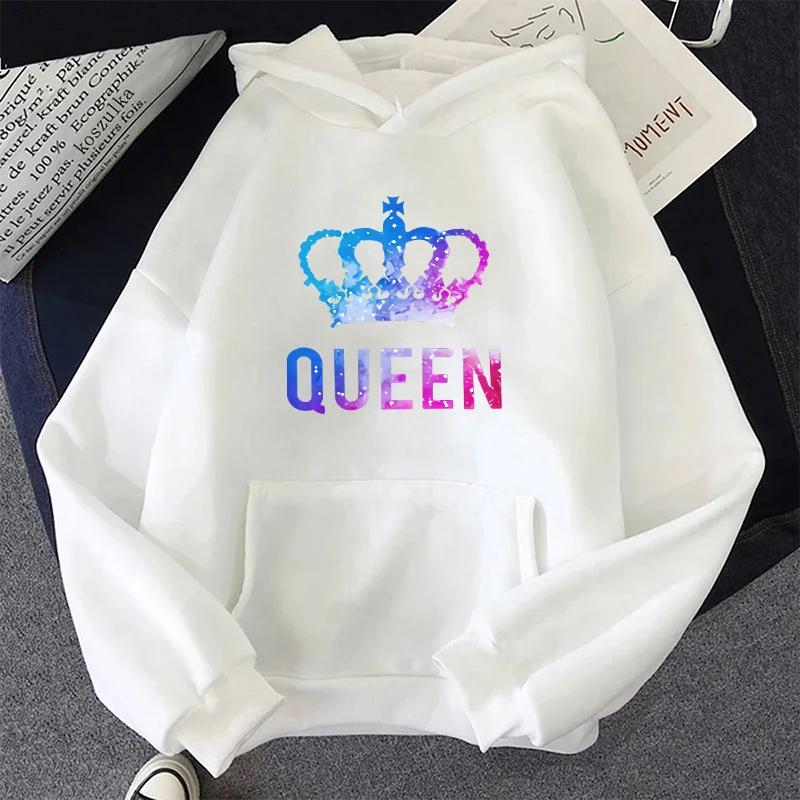 Queen King Print Sweatshirts Couples Daily Casual Sporty Hooded Long Sleeve Pullover Woman Men Home Outdoor Comfort Warm Hoodies