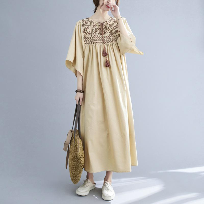 2025 Summer Plus Size Elegant Women's Ethnic Embroidery Ruffle Sleeve Dress