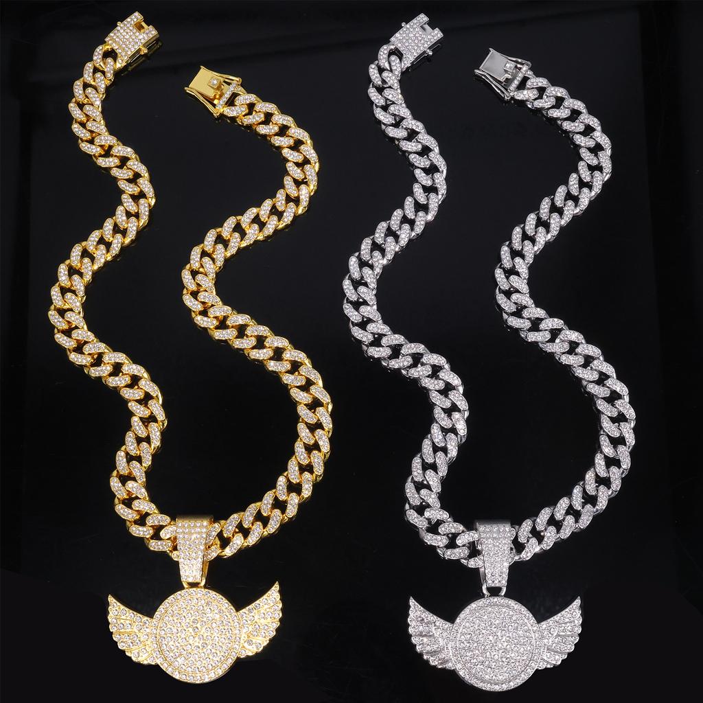New Alloy Full Rhinestone Round Tag Wing Pendant Necklace, Men High-end Rap Hip Hop Fashion Jewelry