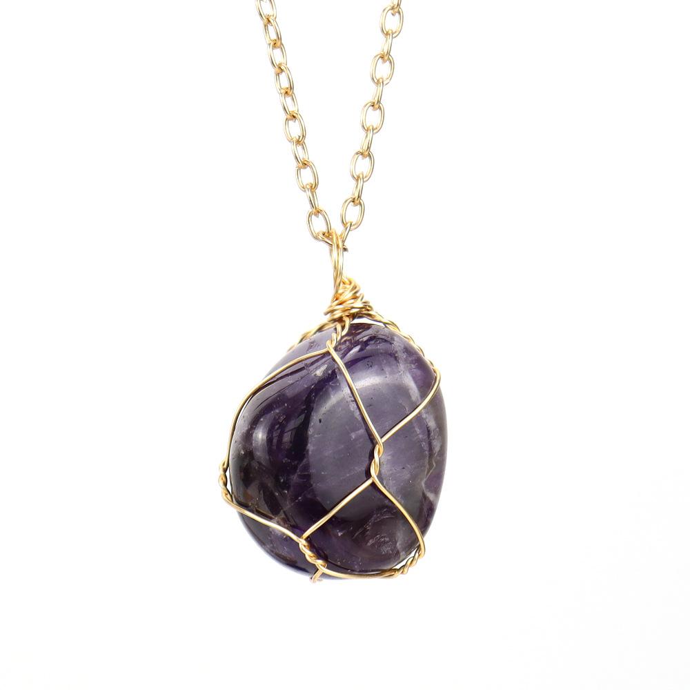 Handmade Gold Wire Winding Irregular Conformal Natural Stone Crystal Rough Stone Pendant Necklace N661