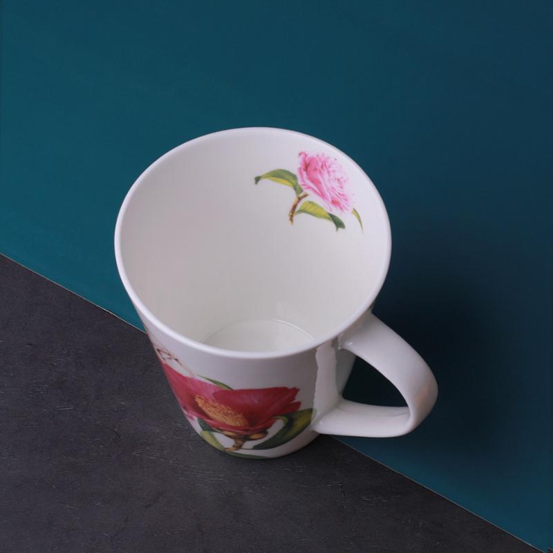 V Style Porcelain Mug 450ml, Fine Bone China Tea Cup Coffee Cup, Camellia Flowers Pattern Coffee Mug for Cappuccino ,ceramic Tea Sets