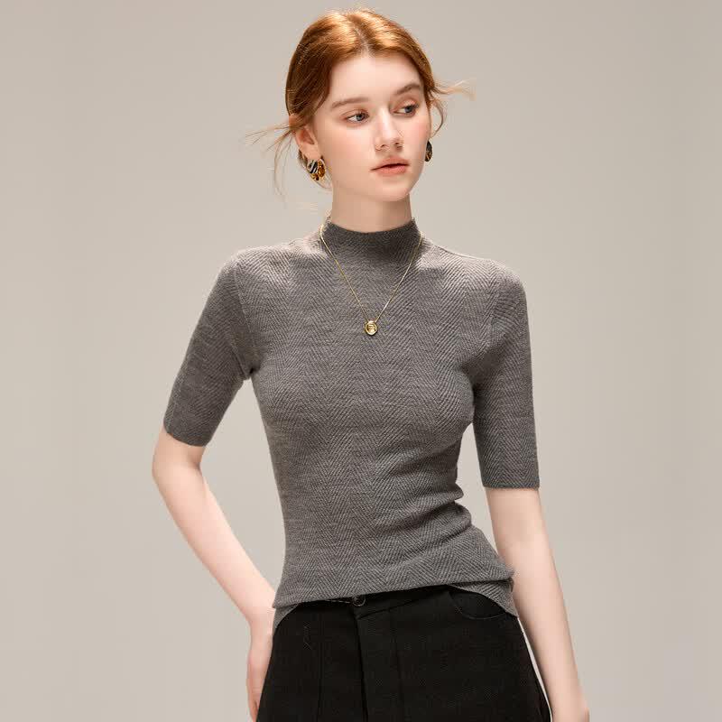 TUHUANG Women's Fine Merino Wool Fishbone Mock Neck Sweater