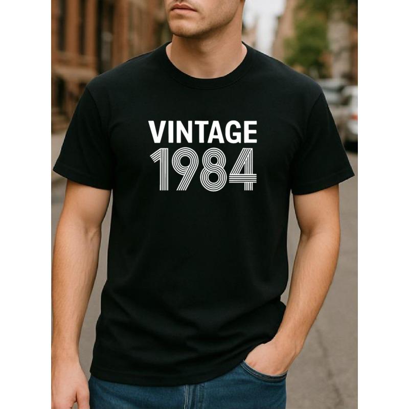 

European size VINTAGE 1984 Retro-style Text Print, Men s Clothing, Short-sleeved Tops, Casual Short-sleeved T-shirts 4XL чорний