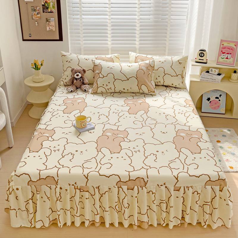 All Season Universal Ruffle Edge Single Bed Cover Printed Cotton Bed Skirt Three Piece Set Soft Comfortable Bedding Bedspread