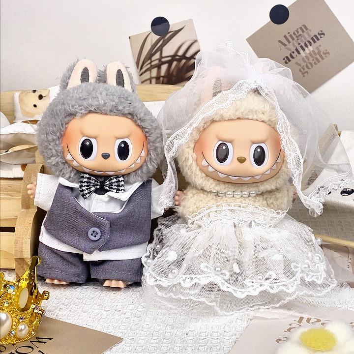 17cm Labubu Doll Formal Wedding Attire: Silicone Couple Dress & Suit