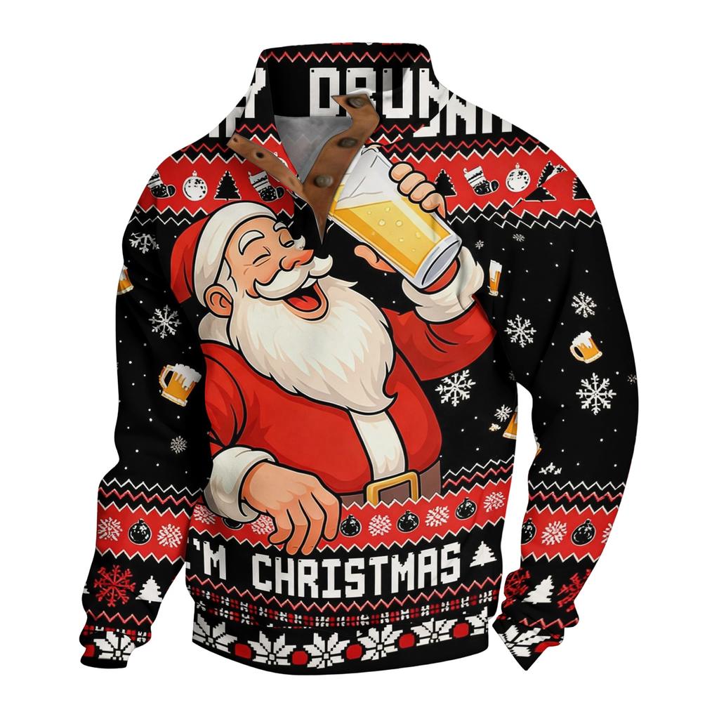 Men's Christmas Novelty Print Long Sleeve Button Placket Pullover Sweatshirt for Winter